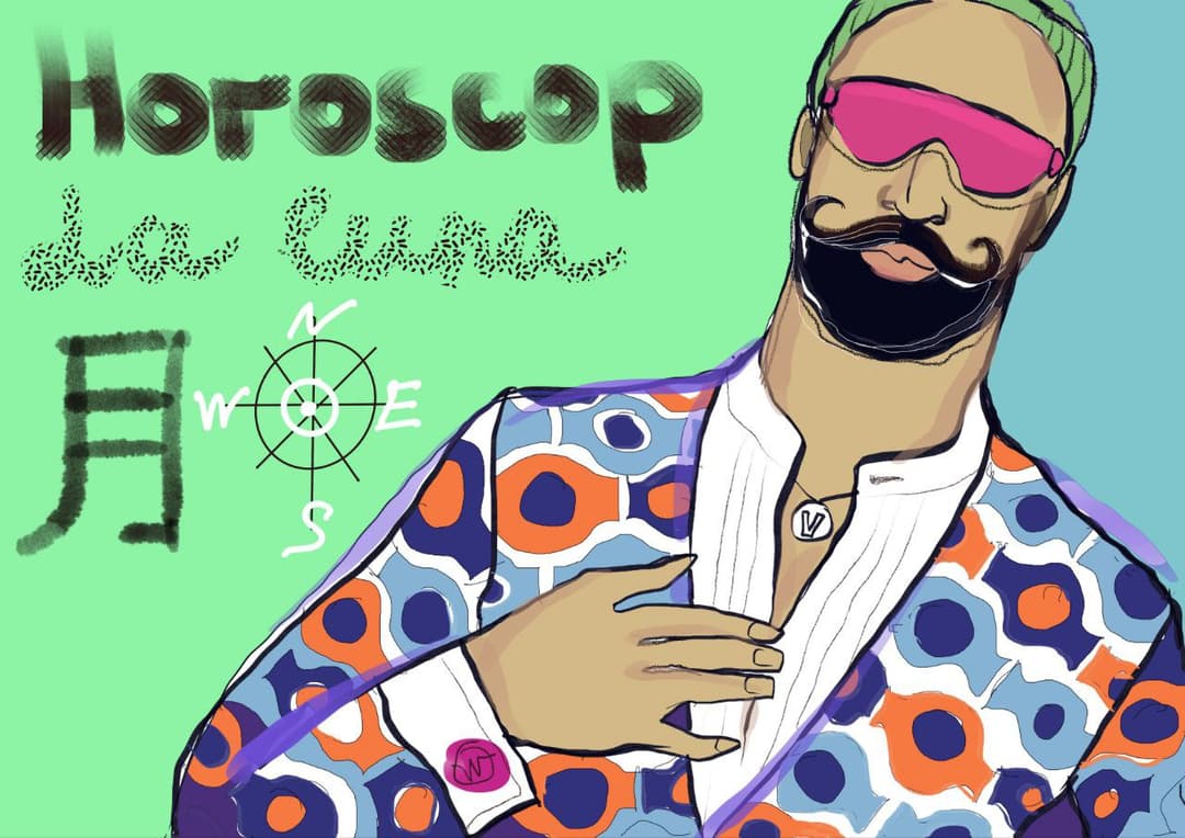 Иллюстрация парня в розовых очках и ярком пиджаке с китайскими иероглифами