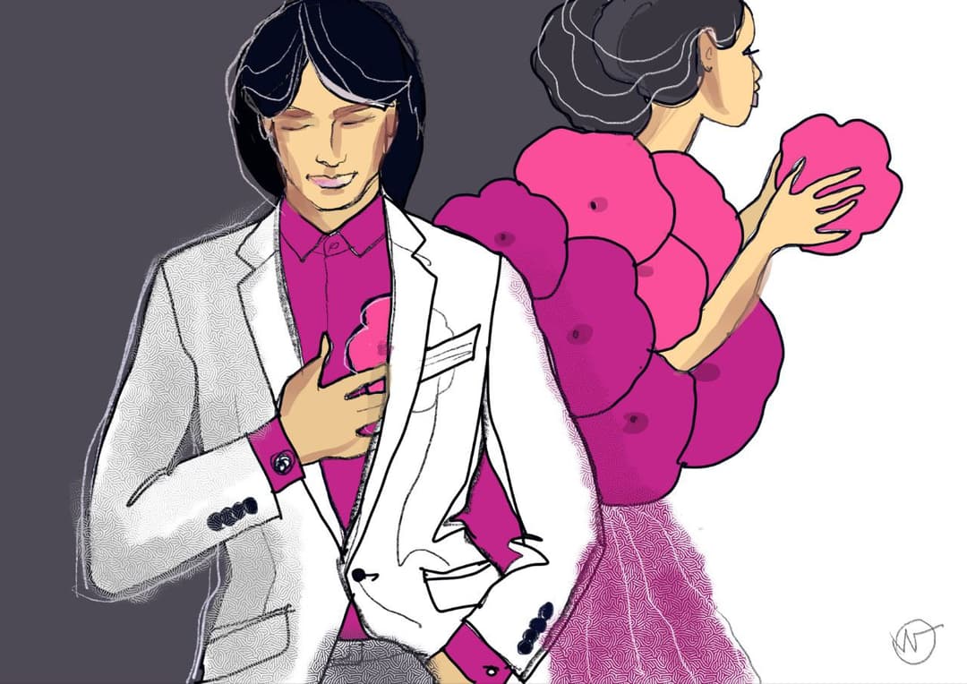 Иллюстрация пары — мужчина в белом пиджаке и девушка в розовом платье